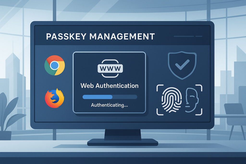 داشبورد مدیریت احراز هویت وب و کلیدهای عبور با نمادهای مرورگر و بیومتریک