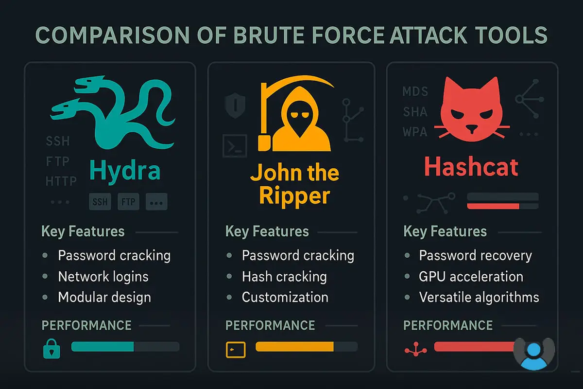 اینفوگرافیک مقایسه ابزارهای رایج بروت فورس شامل Hydra، John the Ripper، Hashcat با نمایش قابلیت‌ها و پروتکل‌های پشتیبانی شده