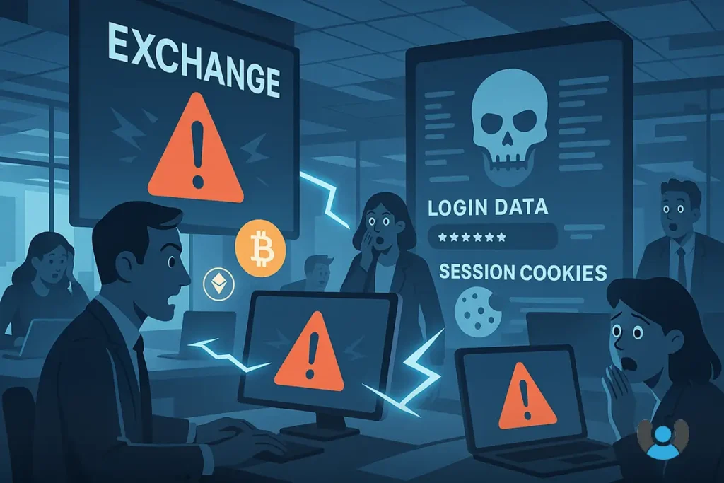 تصویری از حمله بدافزار سرقت اطلاعات (Infostealer) به صرافی رمزارز و سرقت کوکیها و اطلاعات لاگین کارمندان