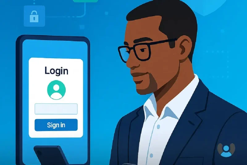 صفحه ورود مدرن با کلید امنیتی و موبایل کنار سیستم؛ امنیت ورود به سیستم با نشانه neshane.co