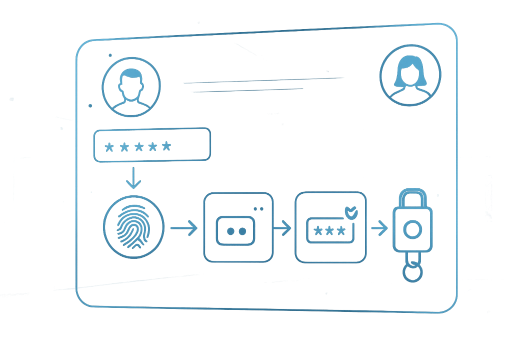 نمایش فرآیند احراز هویت چندلایه با رمز عبور، اثر انگشت، رمز یکبار مصرف و کلید سختافزاری