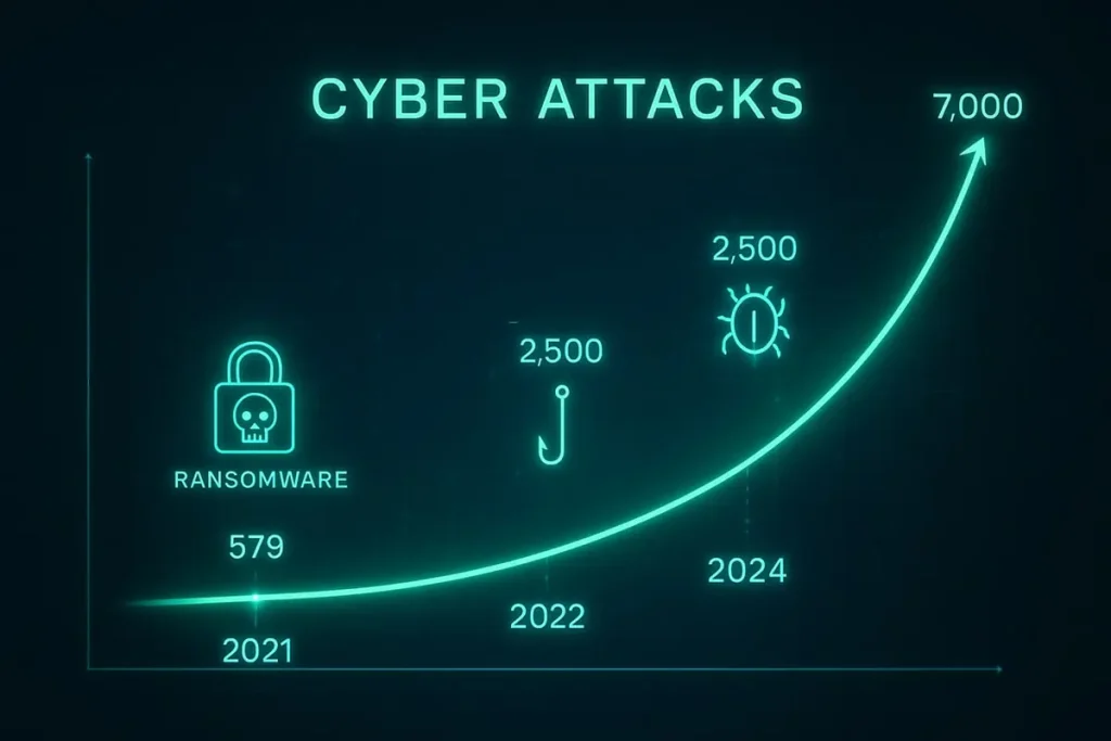 نمودار رشد حملات سایبری از 579 حمله در ثانیه در 2021 به 7000 حمله در 2024