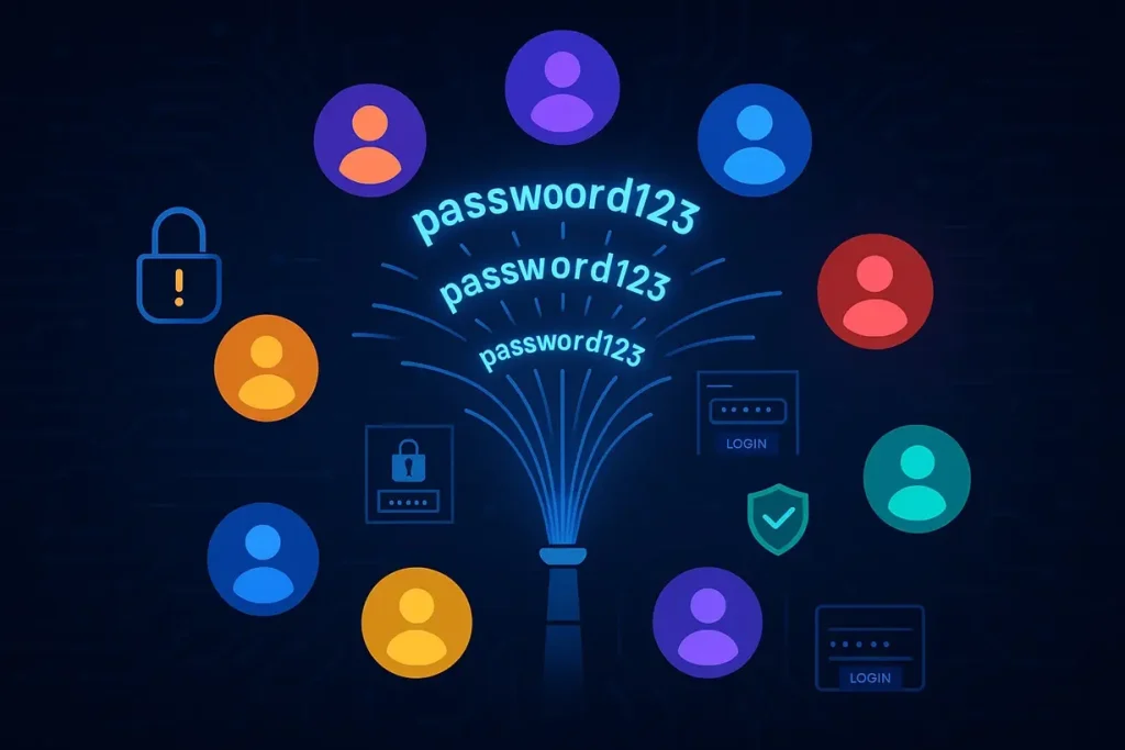 نمایش تصویری حمله پاشش رمز با آزمایش یک رمز رایج روی حسابهای متعدد