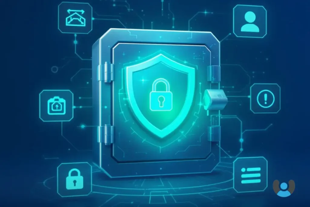 تصویر اینترفیس پسورد منیجر مدرن با نماد قفل و سپر امنیتی، طراحی دیجیتال آبی-سبز