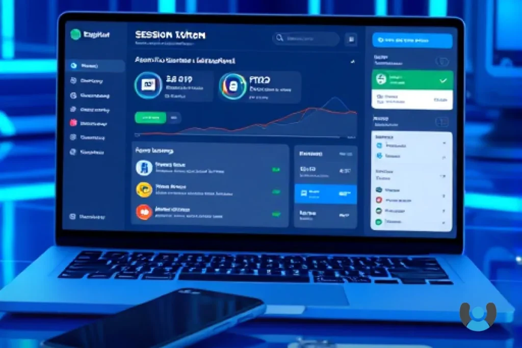 نمایی از داشبورد مدیریت نشست امن با نشانه توکن و موبایل، تایملاین نشست و کلید امنیتی در فضای دیجیتالی مدرن