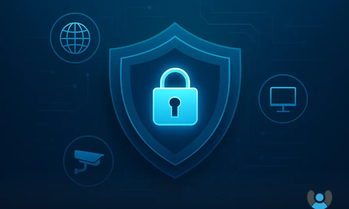 تصویر مفهومی سکوریتی و امنیت فناوری اطلاعات، شامل لایه‌های دیجیتال و نماد قفل مرکزی، طراحی حرفه‌ای با رنگ‌های آبی و سبزآبی