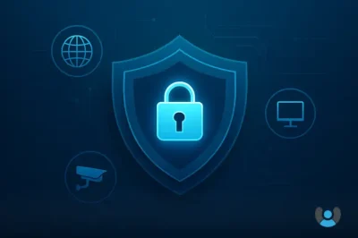تصویر مفهومی سکوریتی و امنیت فناوری اطلاعات، شامل لایه‌های دیجیتال و نماد قفل مرکزی، طراحی حرفه‌ای با رنگ‌های آبی و سبزآبی