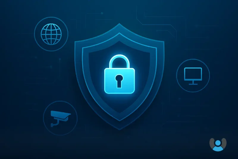 تصویر مفهومی سکوریتی و امنیت فناوری اطلاعات، شامل لایه‌های دیجیتال و نماد قفل مرکزی، طراحی حرفه‌ای با رنگ‌های آبی و سبزآبی