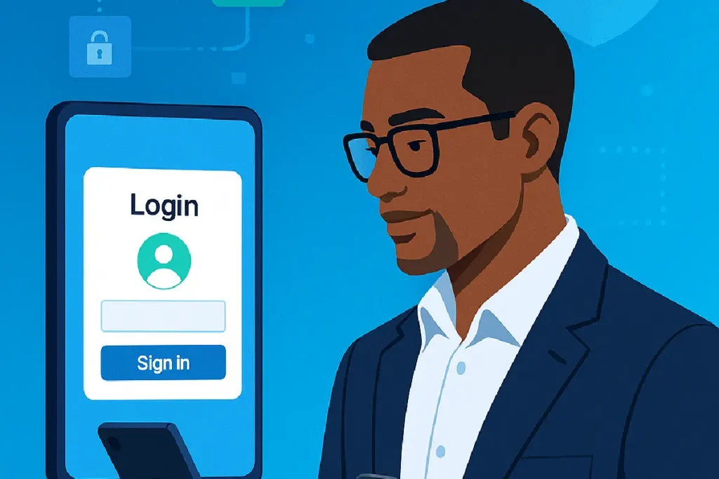 صفحه ورود مدرن با کلید امنیتی و موبایل کنار سیستم؛ امنیت ورود به سیستم با نشانه neshane.co