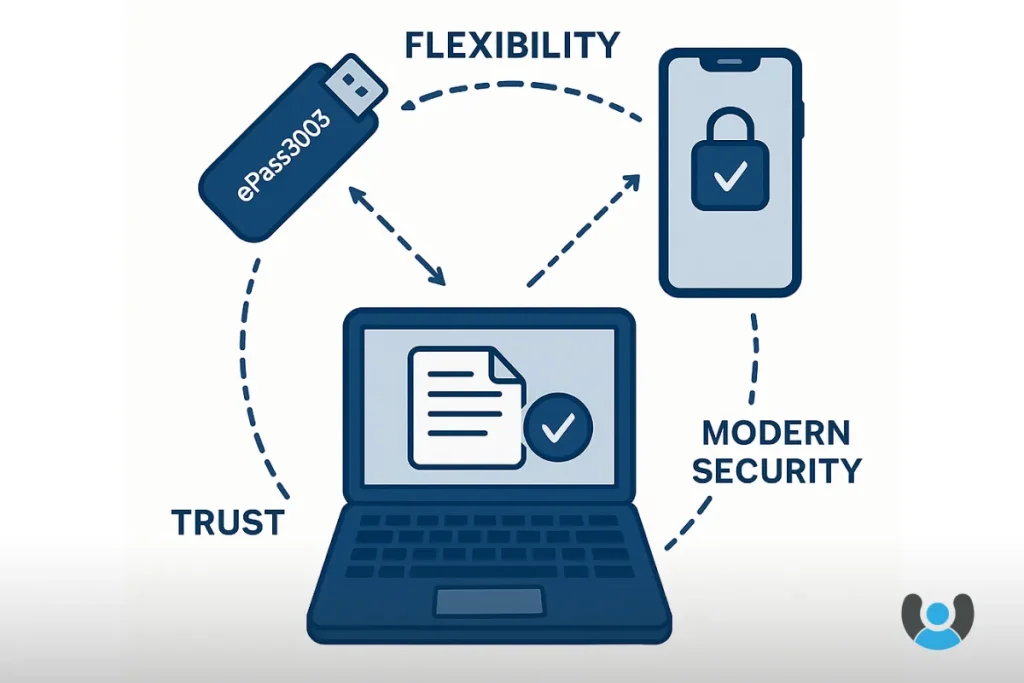 امضای دیجیتال امن با توکن سختافزاری و نشانه موبایل، نماد اعتماد و امنیت در سازمان