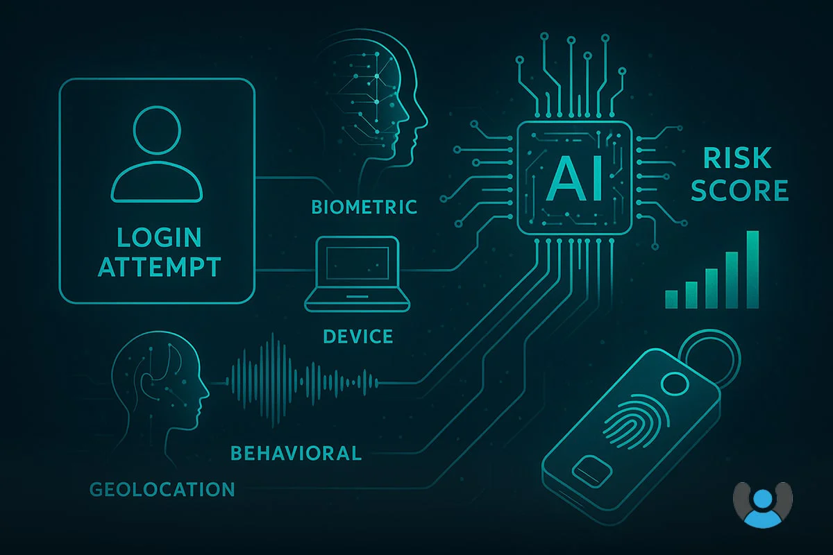 داشبورد احراز هویت مبتنی بر ریسک با تحلیل بلادرنگ ریسک، موقعیت جغرافیایی، نوع دستگاه و سطح امنیت در یک محیط سازمانی دیجیتال