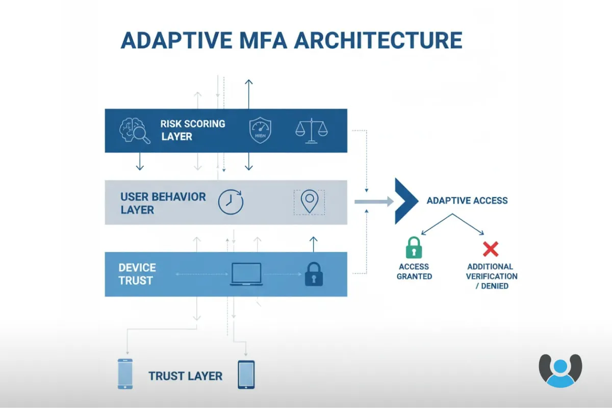 نمایش شماتیک نحوه عملکرد سیستم MFA تطبیقی و تعامل بین لایههای مختلف امنیتی