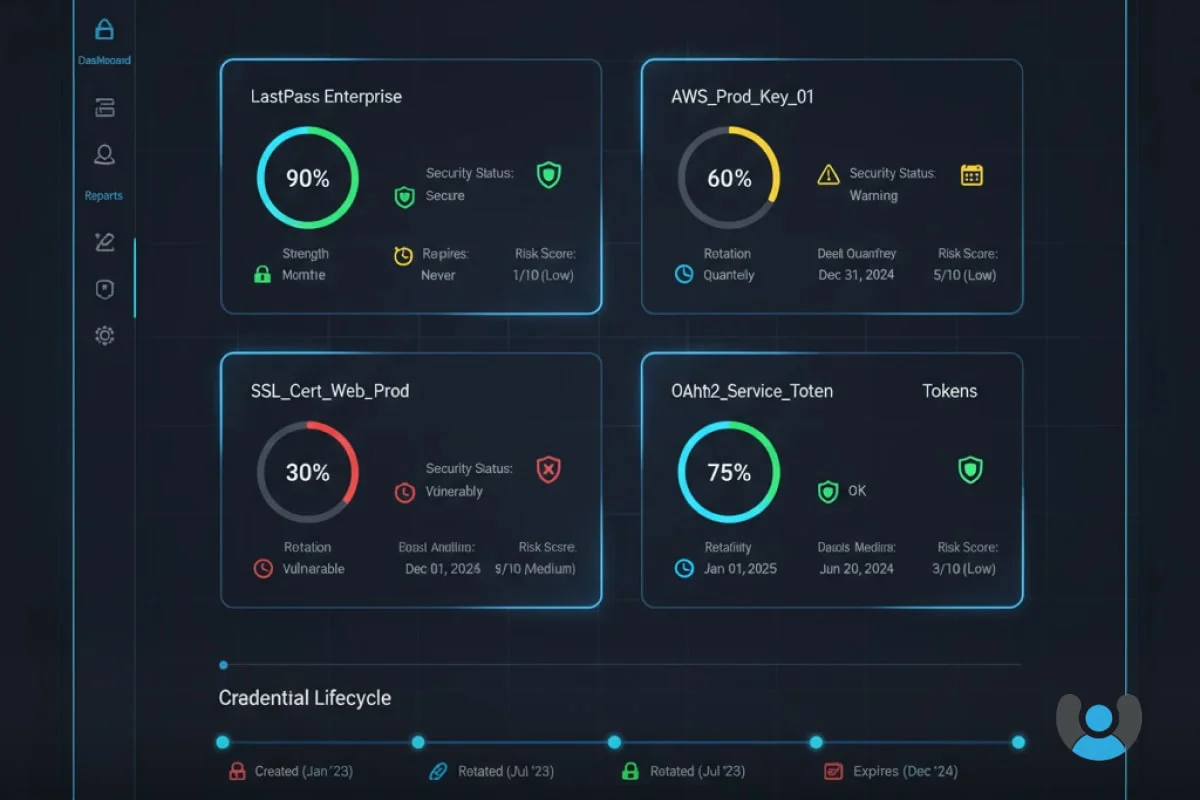 نمای کلی داشبورد مدیریت اعتبارنامه با نمایش انواع credentials و وضعیت امنیتی آنها