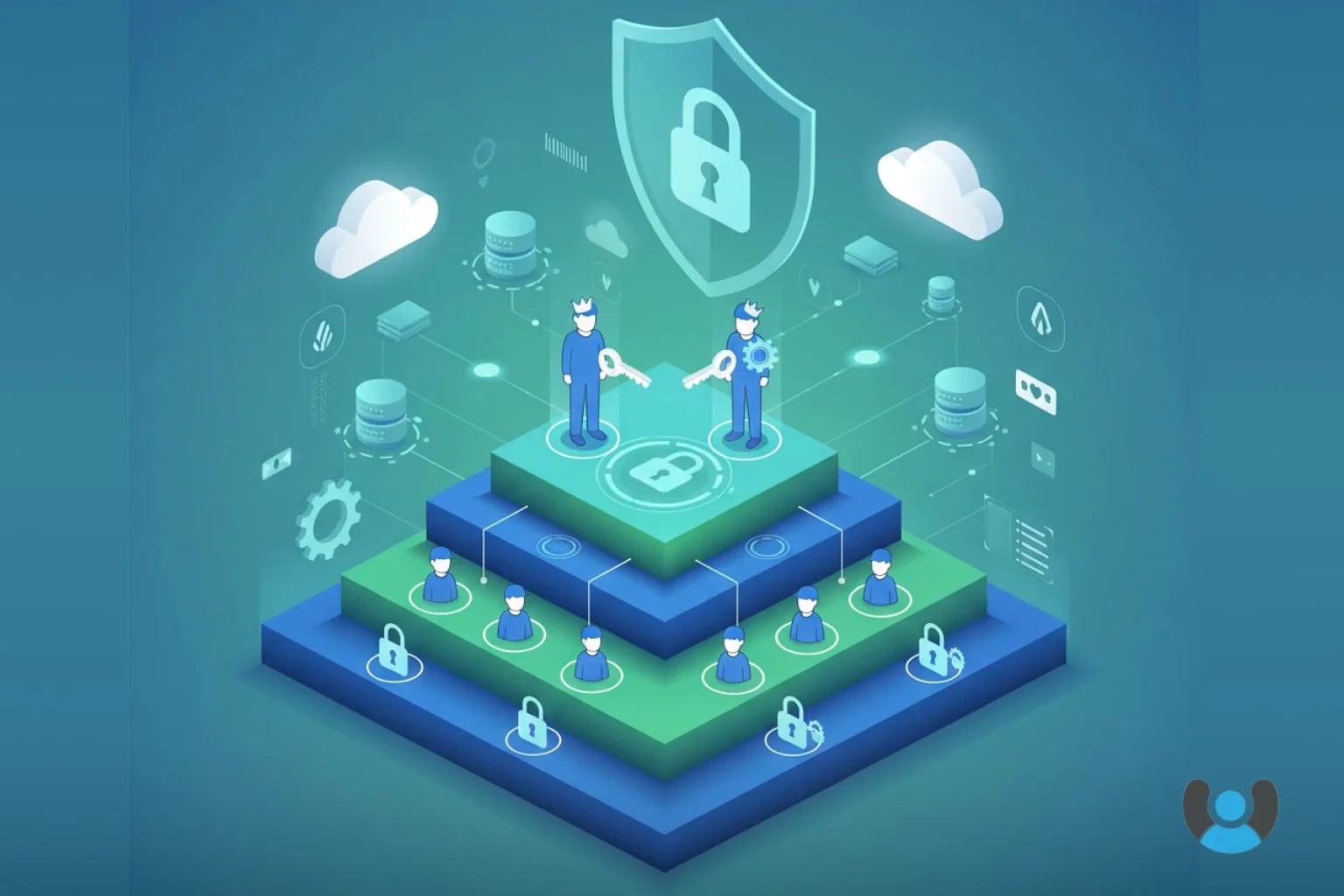 عکس مفهومی از مدیریت دسترسی ممتاز با نمایش سلسله مراتب دسترسی و قفلهای امنیتی