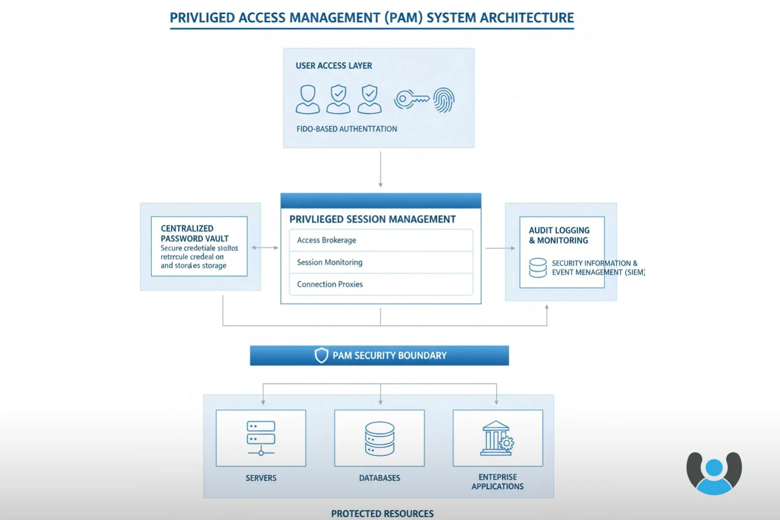 نمودار معماری سامانه مدیریت دسترسی ممتاز با احراز هویت FIDO و لایههای امنیتی مختلف