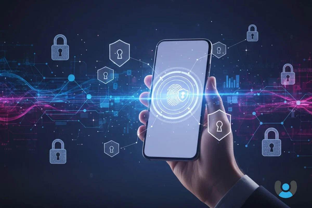 تصویر مفهومی هویت غیرمتمرکز با نمایش گوشی هوشمند، شبکه بلاکچین و امنیت دادهها