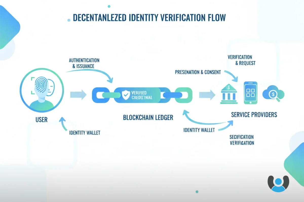 نمودار فرآیند کار هویت غیرمتمرکز با نمایش کاربر، بلاکچین و گواهیهای دیجیتال