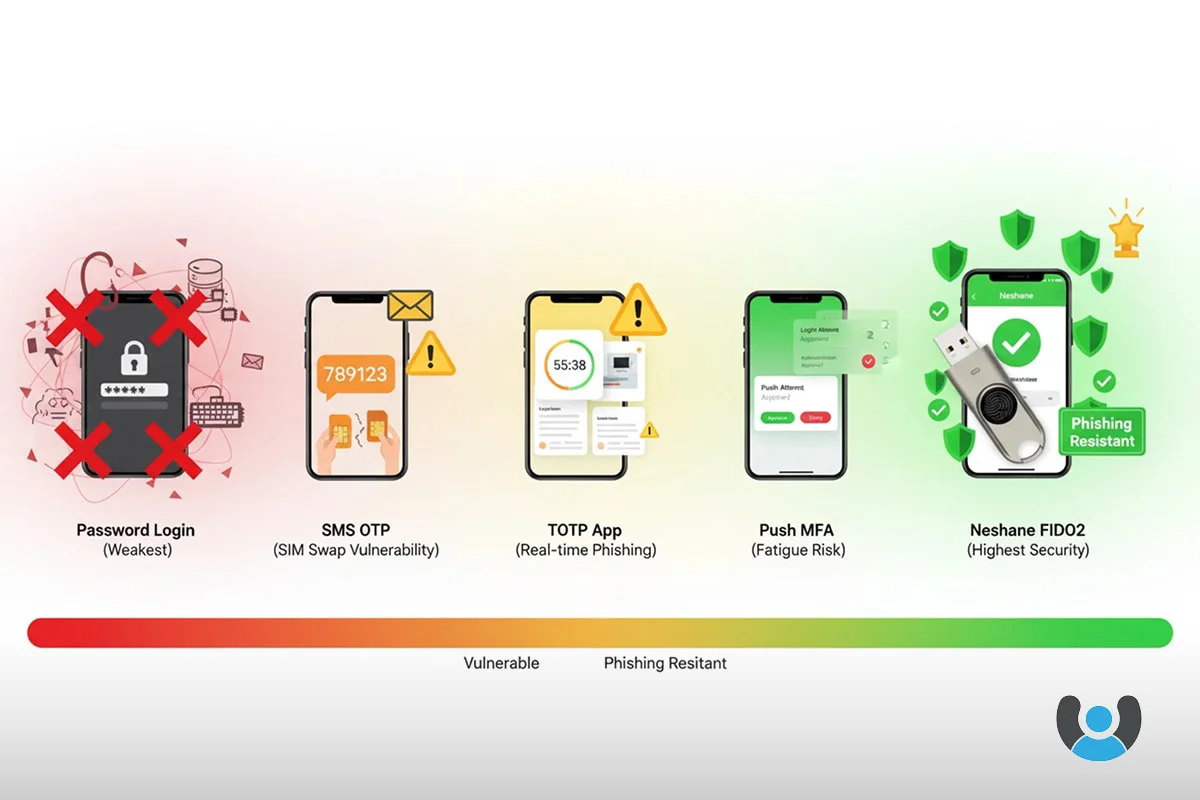 مقایسه تصویری امنیت روشهای مختلف احراز هویت از رمز عبور تا FIDO2 با محصولات نشانه
