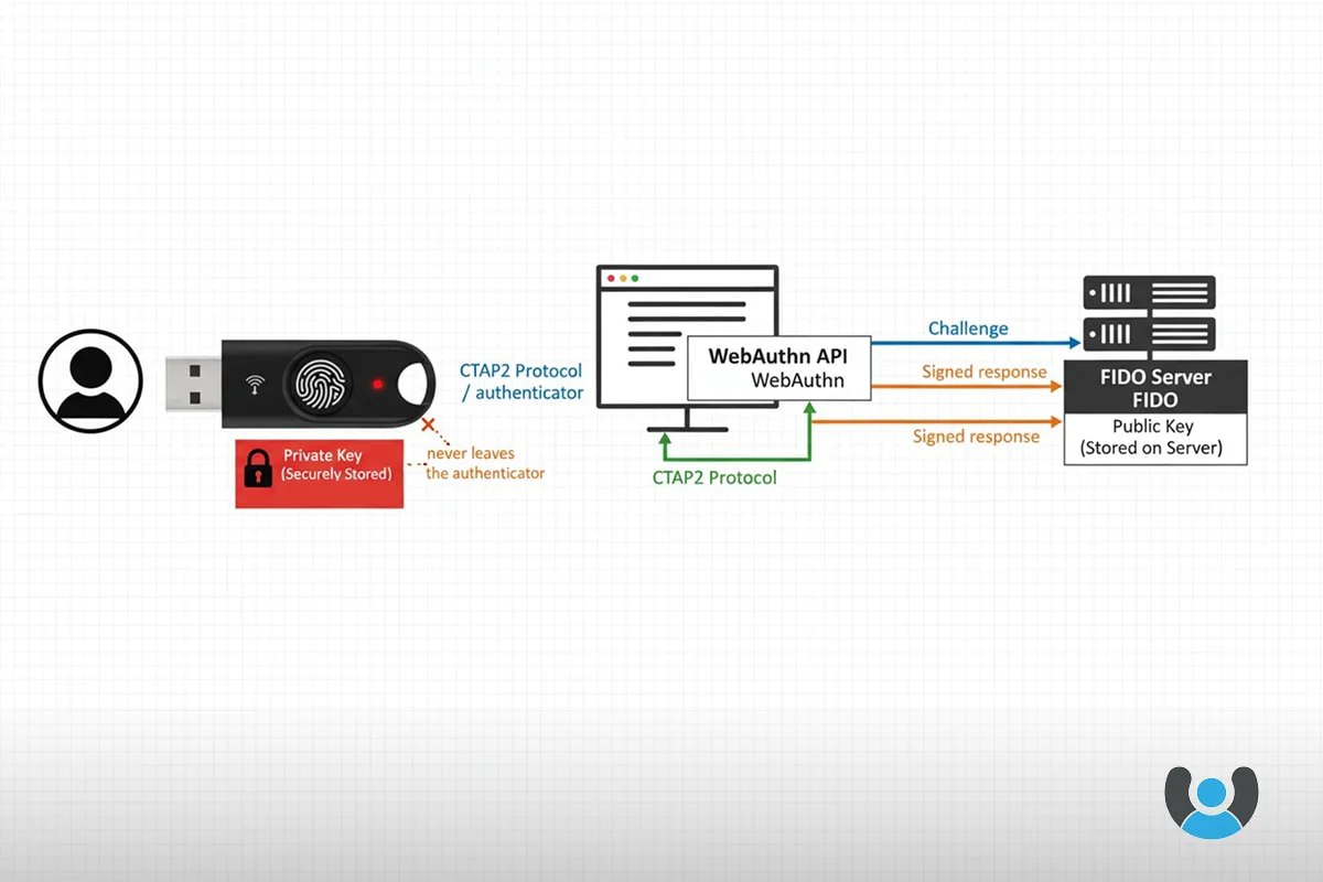 نمودار معماری استاندارد FIDO2 شامل WebAuthn و CTAP با نمایش توکن سختافزاری نشانه