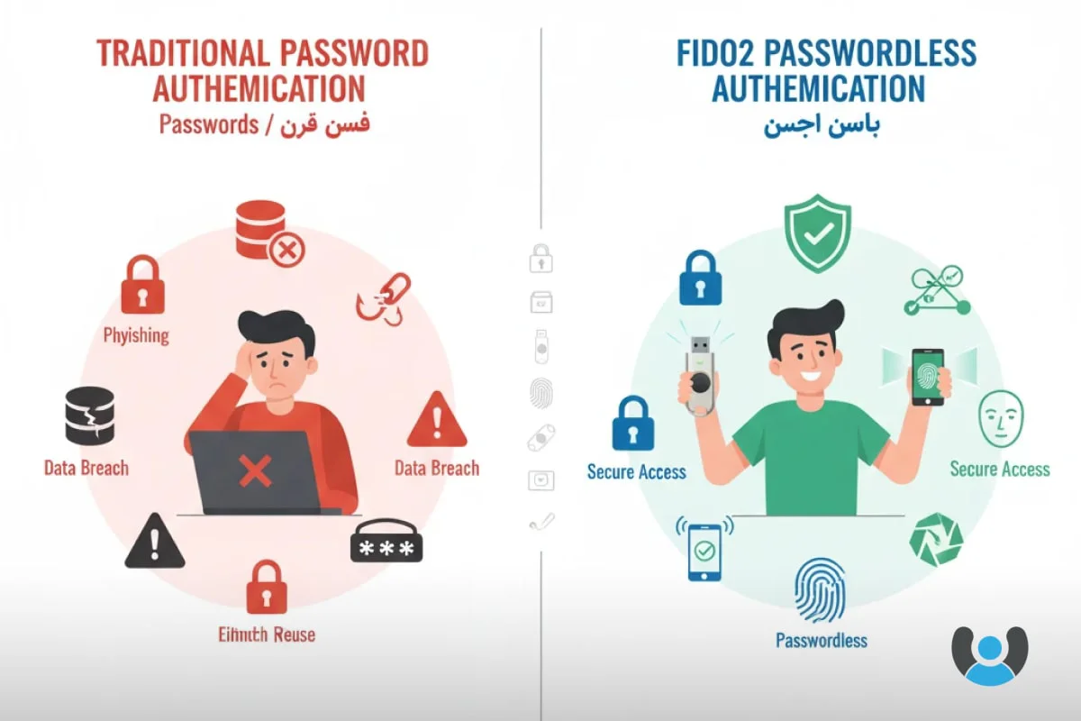 مقایسه تصویری احراز هویت سنتی با رمز عبور در مقابل احراز هویت بدون رمز عبور با استاندارد FIDO2 و نشانه