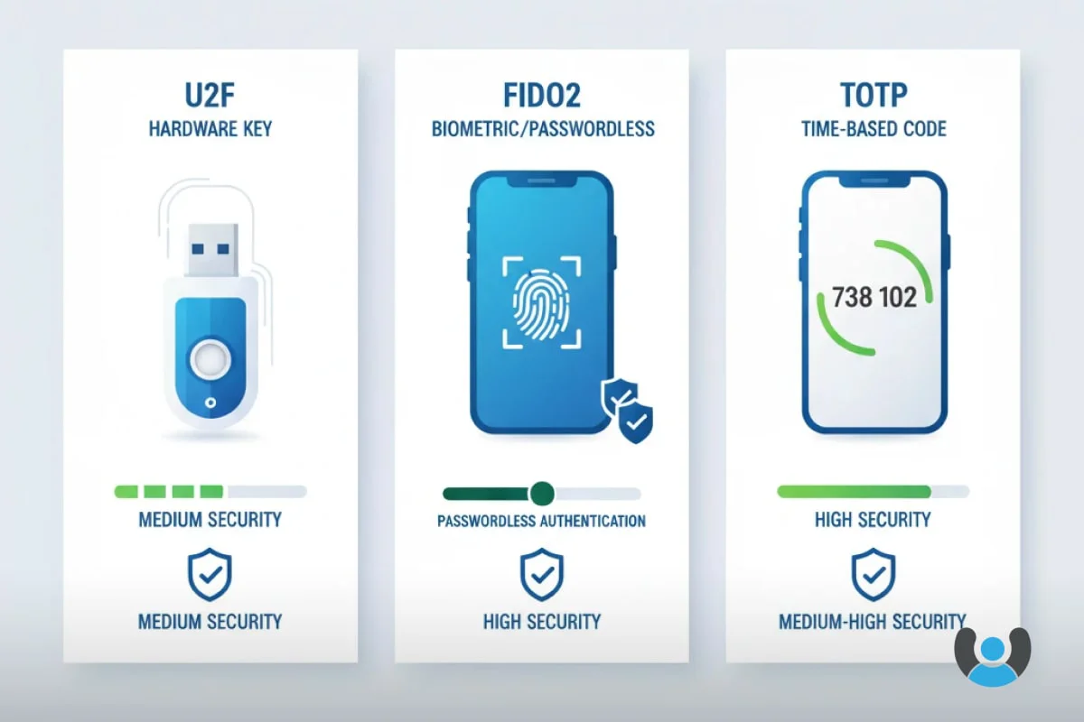 مقایسه بصری روشهای احراز هویت U2F، FIDO2 و TOTP با نمایش سطوح امنیتی