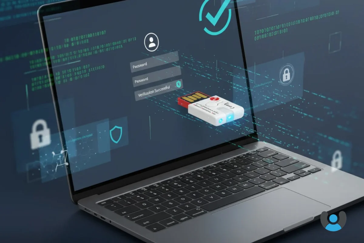 کلید امنیتی U2F متصل به لپتاپ با نمایش جریان احراز هویت رمزنگاری شده