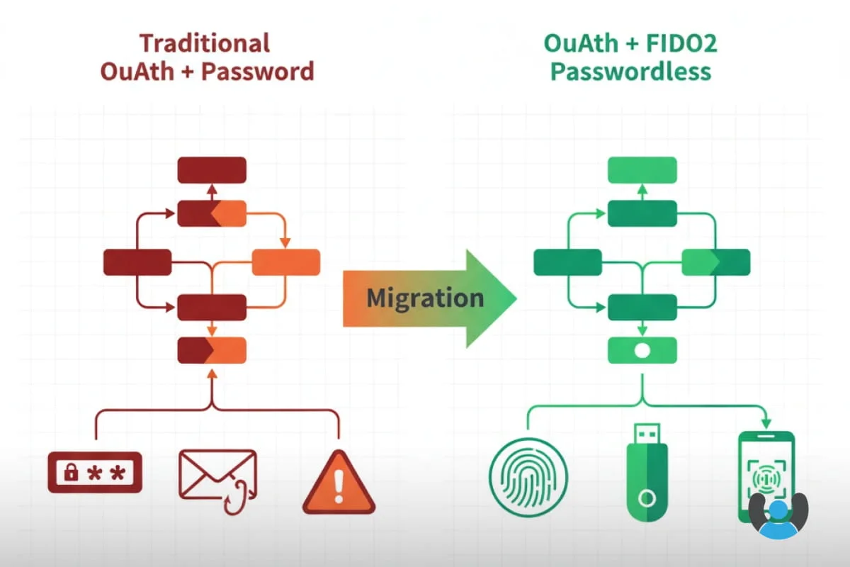 مقایسه تصویری مهاجرت از OAuth مبتنی بر رمز عبور به OAuth با احراز هویت بدون گذرواژه FIDO2 شامل کلید امنیتی و بیومتریک