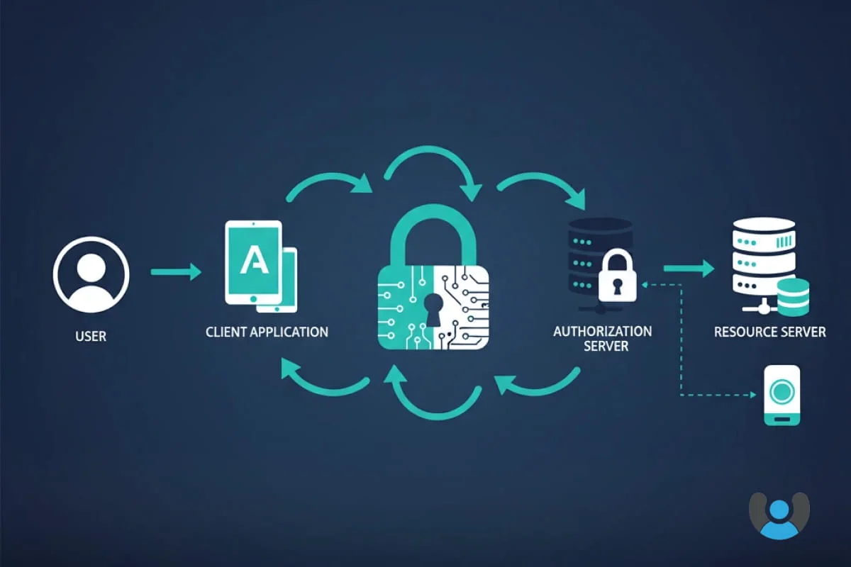 نمودار جریان امنیت OAuth 2.0 شامل تبادل توکن بین کاربر، اپلیکیشن، سرور احراز هویت و سرور منابع با نماد کلید امنیتی FIDO2