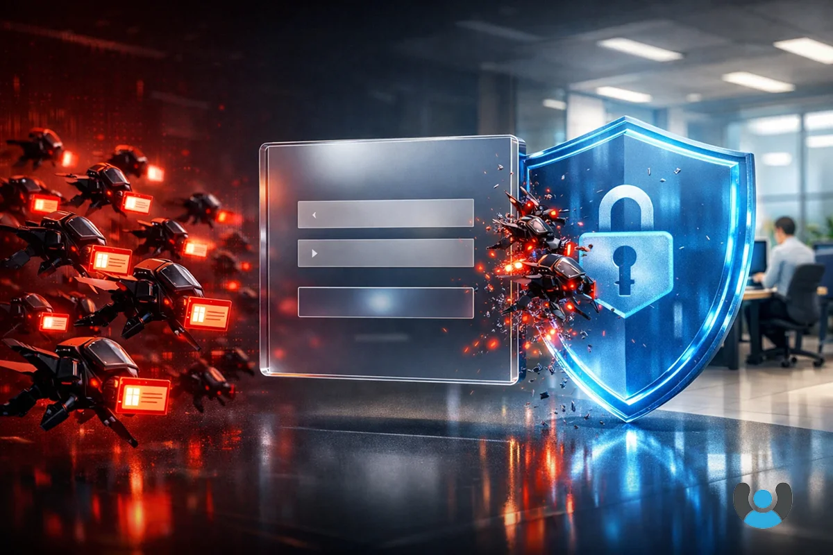 نمایش سه‌بعدی حمله Credential Stuffing — بات‌های دیجیتال در حال تست رمزهای عبور سرقت‌شده روی صفحه ورود سازمانی و مسدود شدن توسط سپر امنیتی FIDO2
