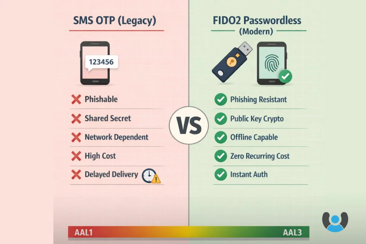 مقایسه بصری امنیت OTP پیامکی در برابر احراز هویت FIDO2 بدون گذرواژه برای سازمانهای بزرگ