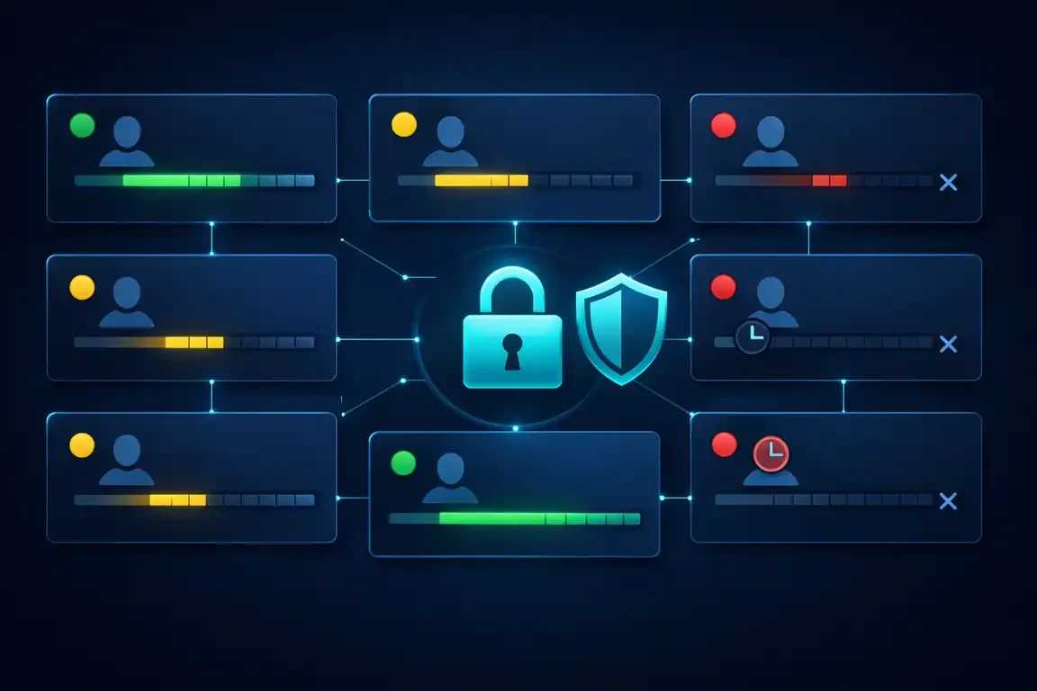 نمودار مدیریت نشست کاربران در سیستم IAM با نشانگرهای وضعیت فعال، بیکار و منقضیشده