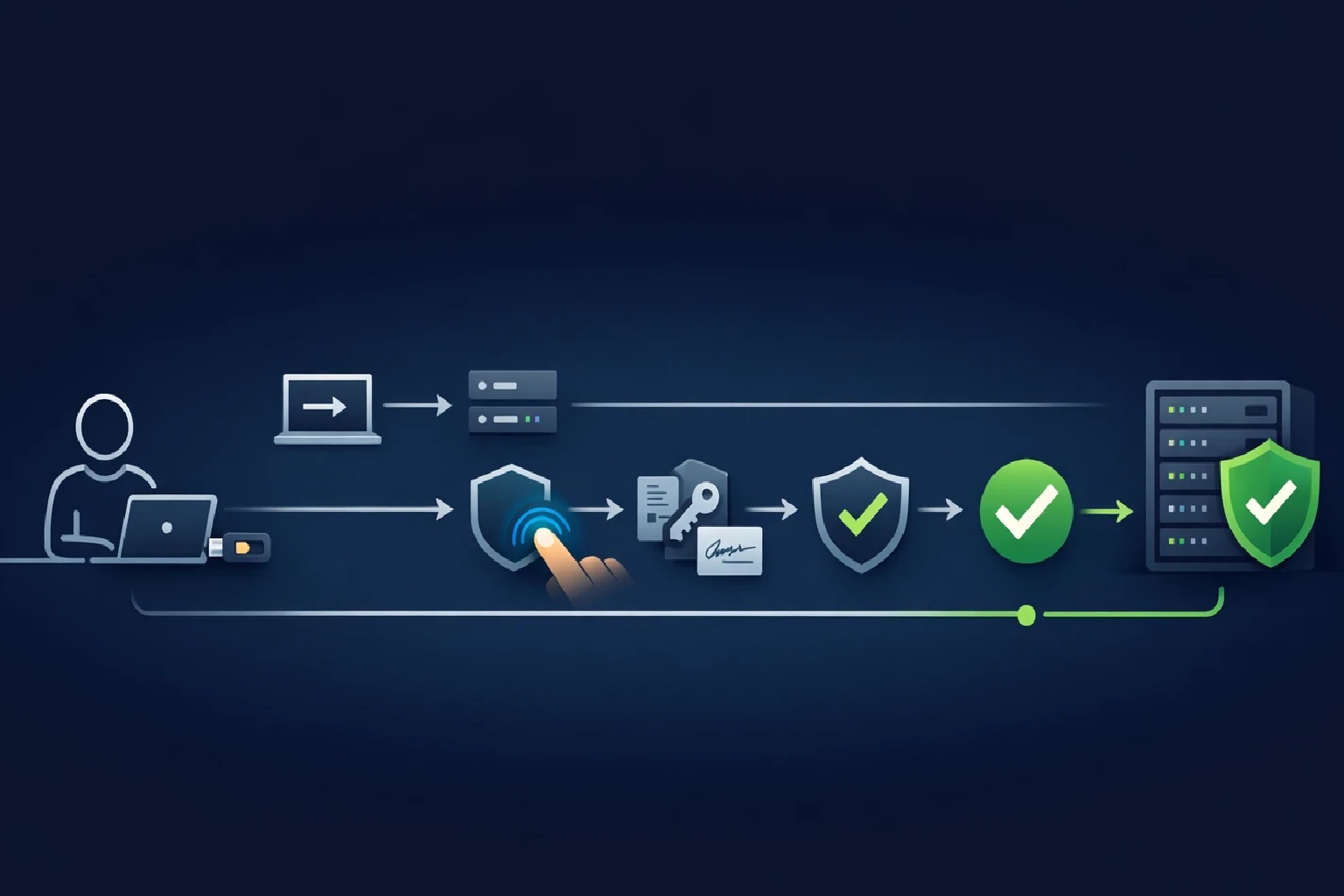 نمودار فرآیند احراز هویت SSH با کلید امنیتی FIDO2 – چالش-پاسخ و تأیید حضور فیزیکی کاربر