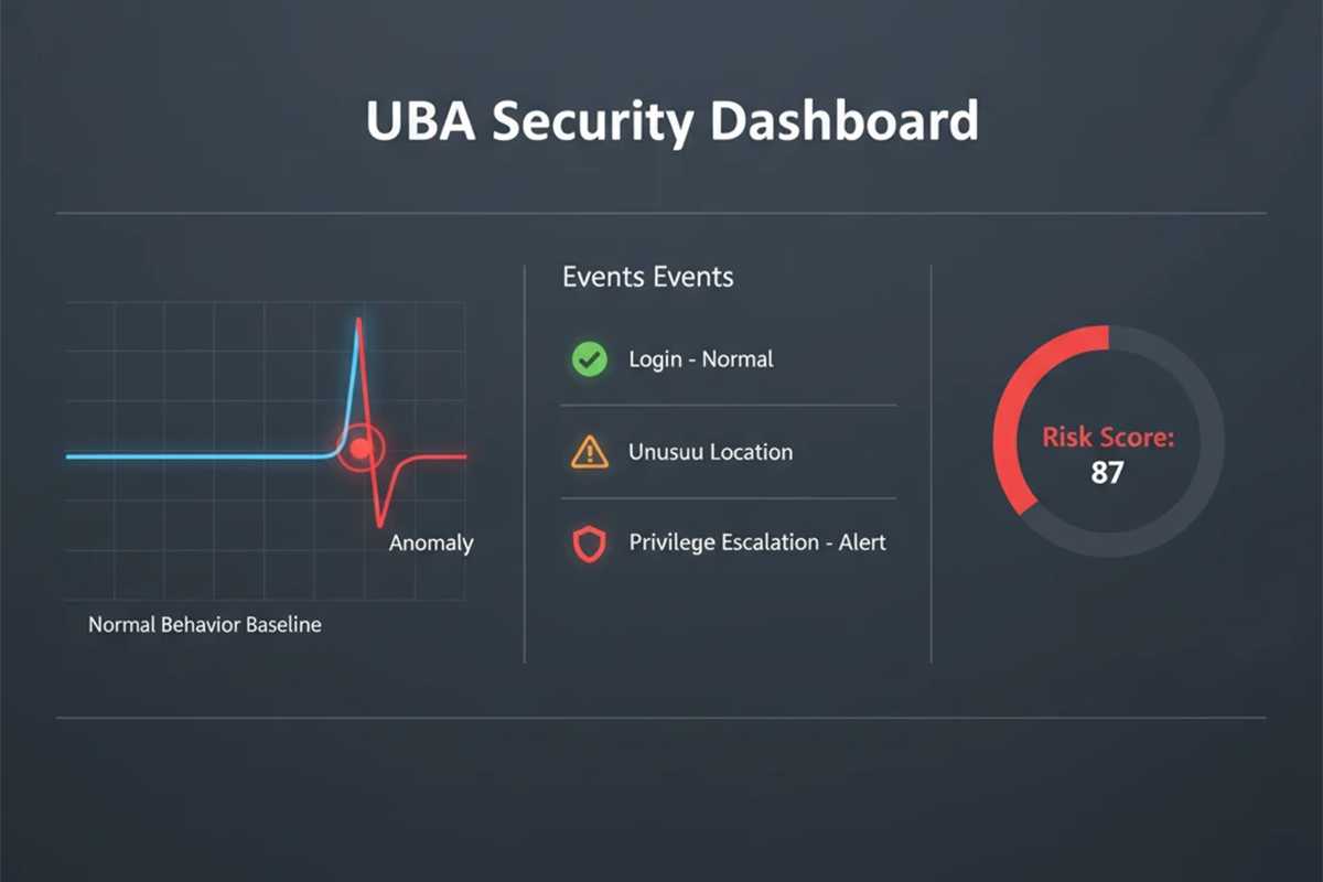 داشبورد UBA با نمایش Baseline رفتار عادی، شناسایی Anomaly، Risk Score بالا و تأیید احراز هویت FIDO در امنیت سازمانی