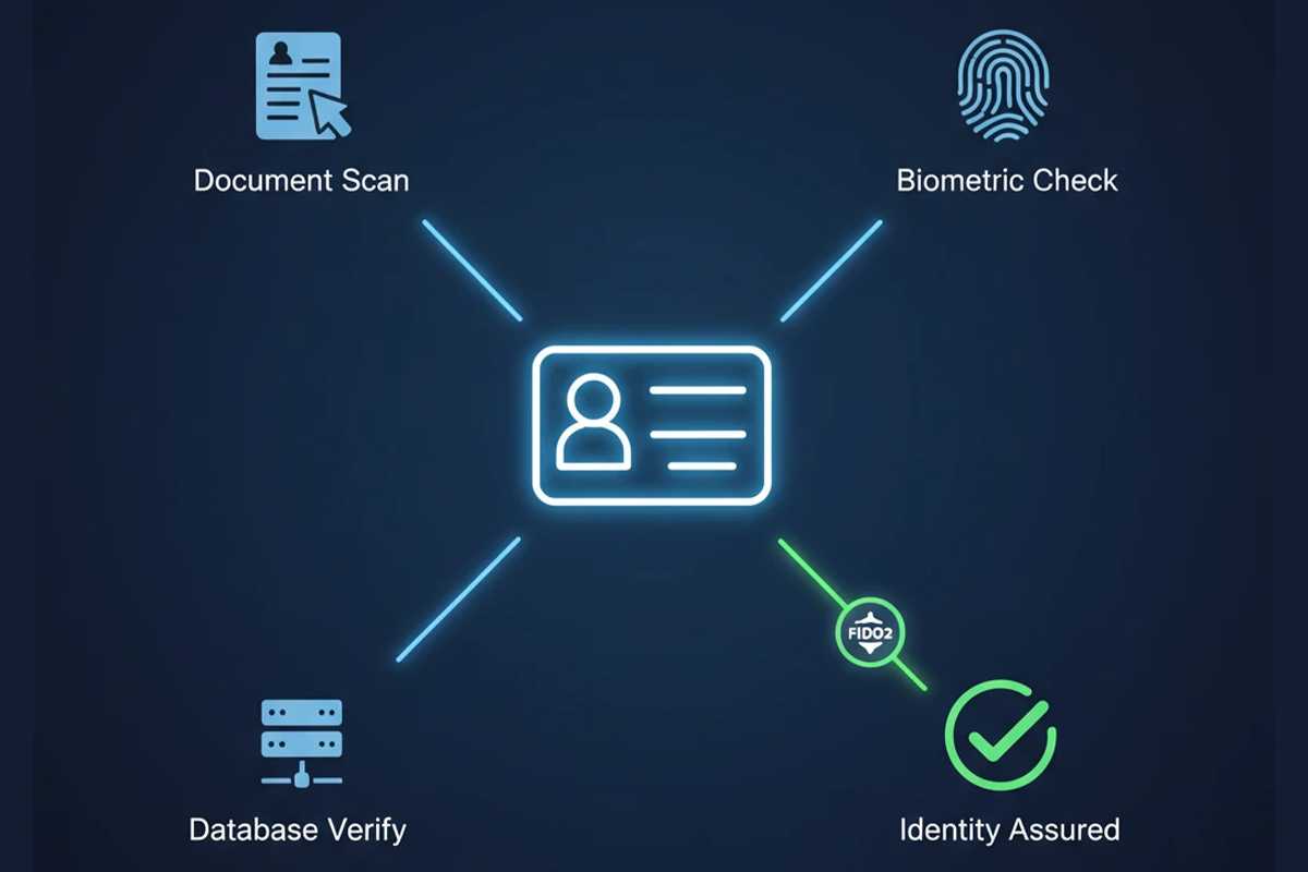 اینفوگرافیک Identity Proofing با نمایش فرآیند اسکن سند، تأیید بیومتریک، بررسی پایگاه داده و تأیید نهایی هویت دیجیتال با FIDO