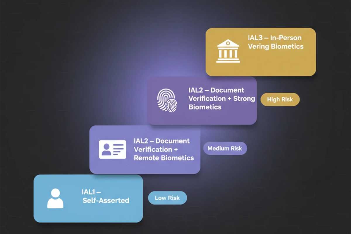 نمودار سه سطح Identity Assurance Level بر اساس NIST: IAL1 خود-اظهاری، IAL2 تأیید مدرک دیجیتال، IAL3 حضور فیزیکی با بیومتریک قوی
