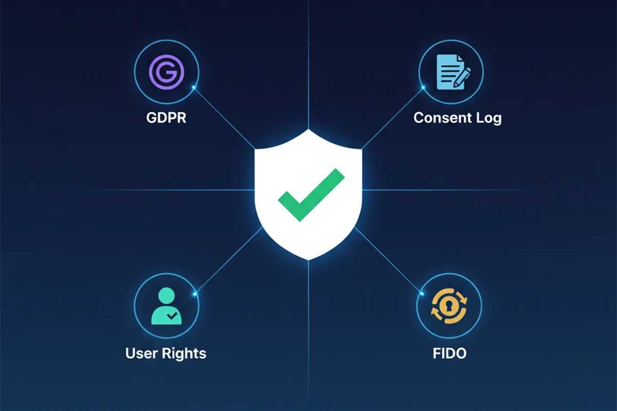اینفوگرافیک Consent Management با نمایش ارتباط GDPR، Consent Log، Privacy UX و احراز هویت FIDO در مدیریت رضایت کاربران