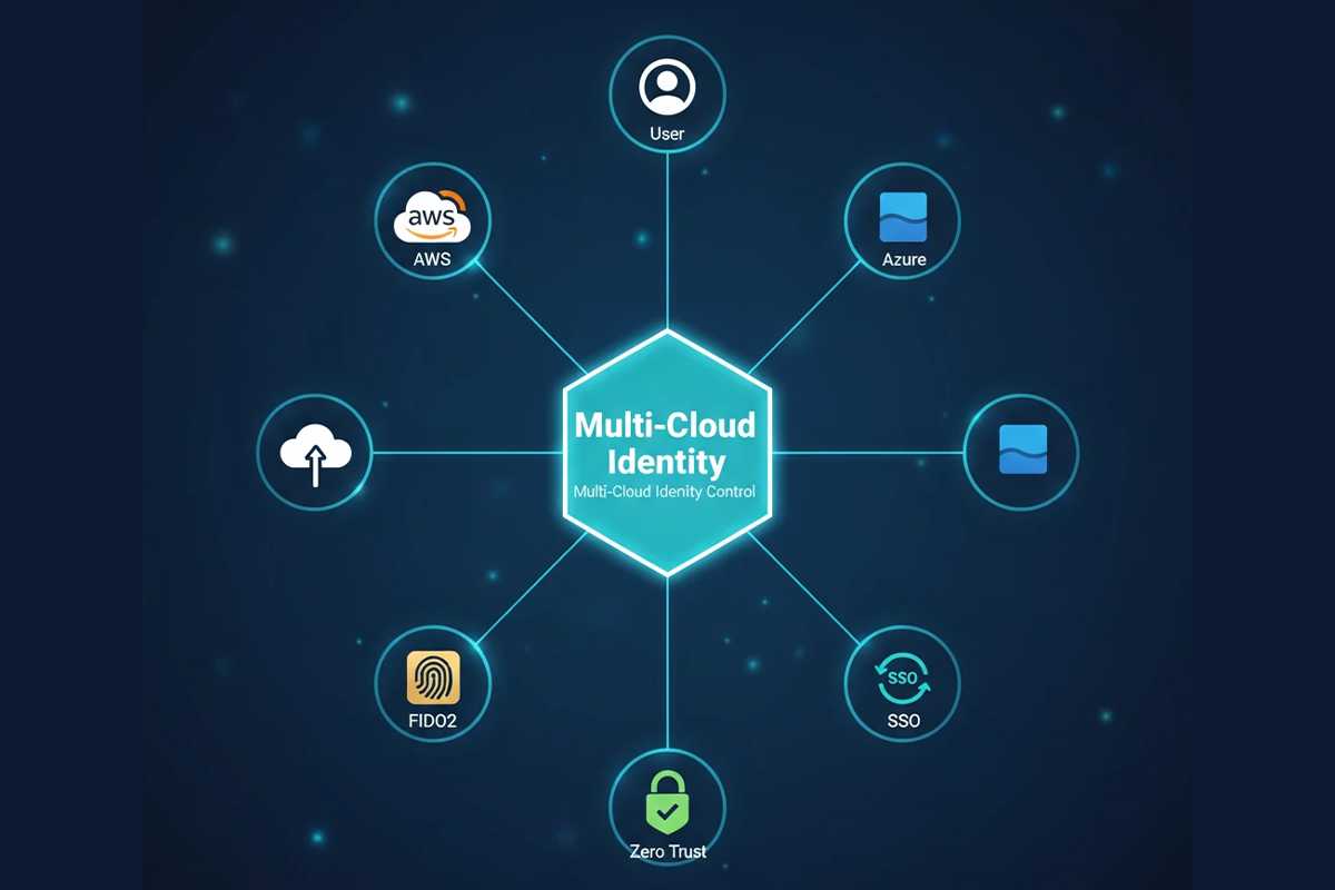 اینفوگرافیک کنترل هویت کاربران در محیطهای چندابری: ارتباط Multi-Cloud IAM با AWS، Azure، FIDO2، SSO و Zero Trust