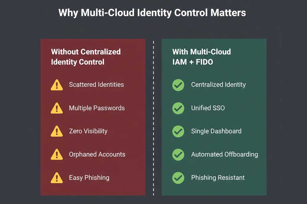 مقایسه مدیریت هویت چندابری با و بدون Multi-Cloud IAM: از هویتهای پراکنده تا SSO یکپارچه و احراز هویت FIDO