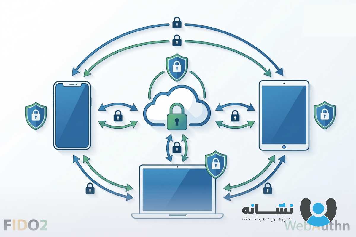 نمودار معماری Passkey چنددستگاهی با نمایش همگام‌سازی ابری بین گوشی، لپ‌تاپ و تبلت